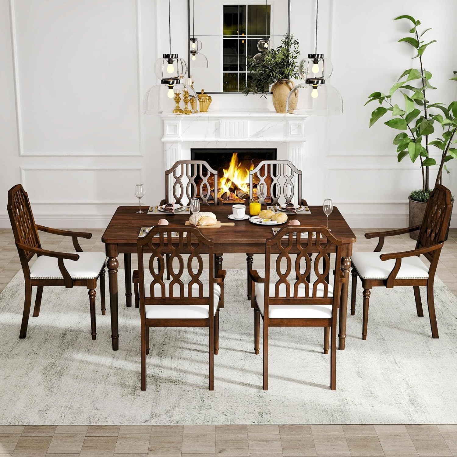 chairus Farmhouse Dining Chairs Set of 6, French Country Vintage Wooden Dining Room Chairs with Arm, Lattice Back & Turned Legs, Rustic Chenille Upholstered Nailhead Trim Kitchen Chairs, Walnut Brown