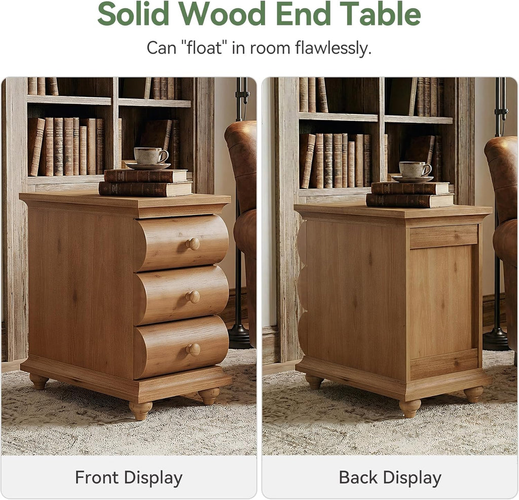 Solid Wood End Table, 3 Drawers Narrow Sofa Side Table with Finished Back, Rustic Slim Nightstand Bedside Table for Bedroom, Living Room, Small Space