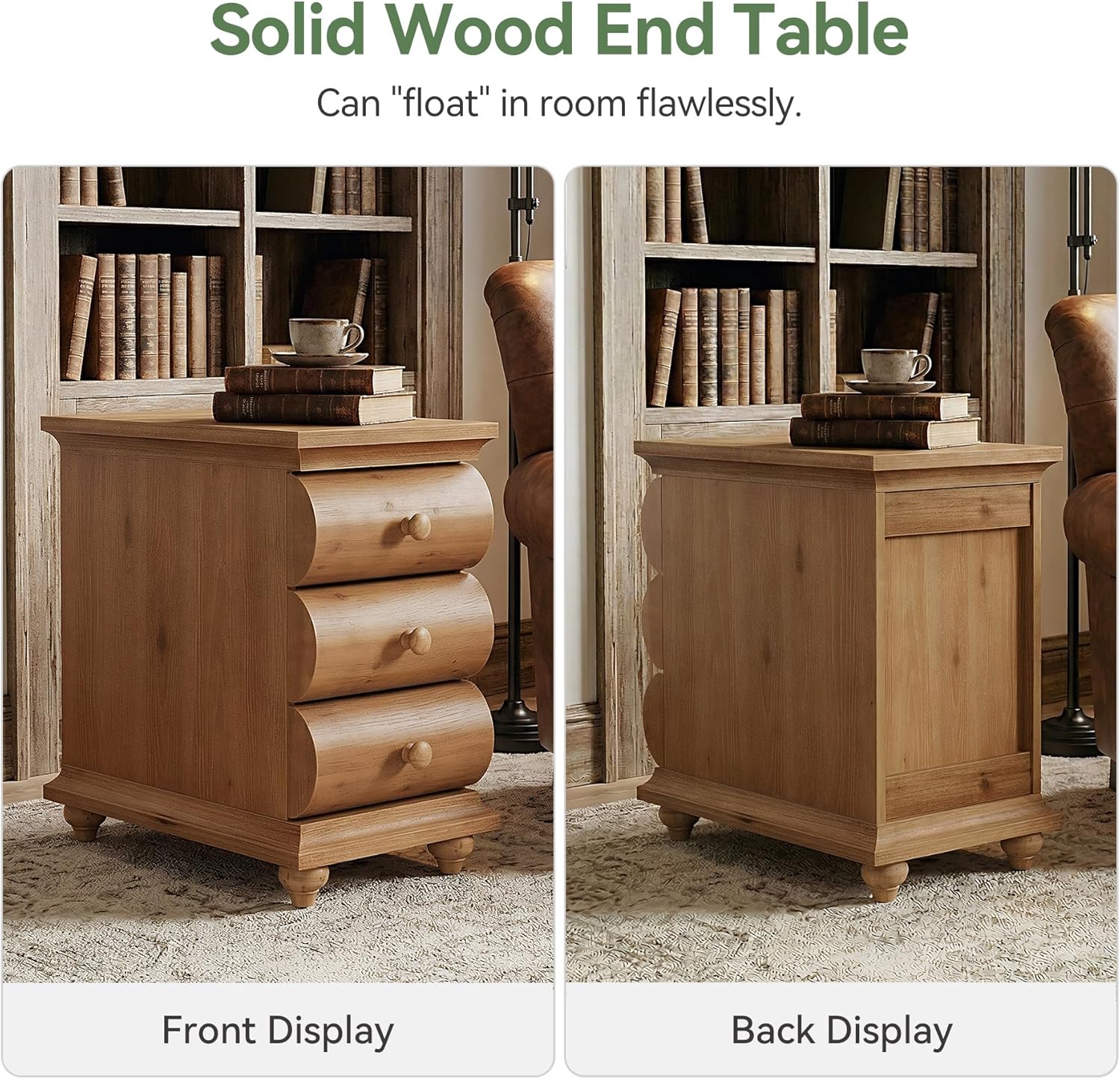 Solid Wood End Table, 3 Drawers Narrow Sofa Side Table with Finished Back, Rustic Slim Nightstand Bedside Table for Bedroom, Living Room, Small Space