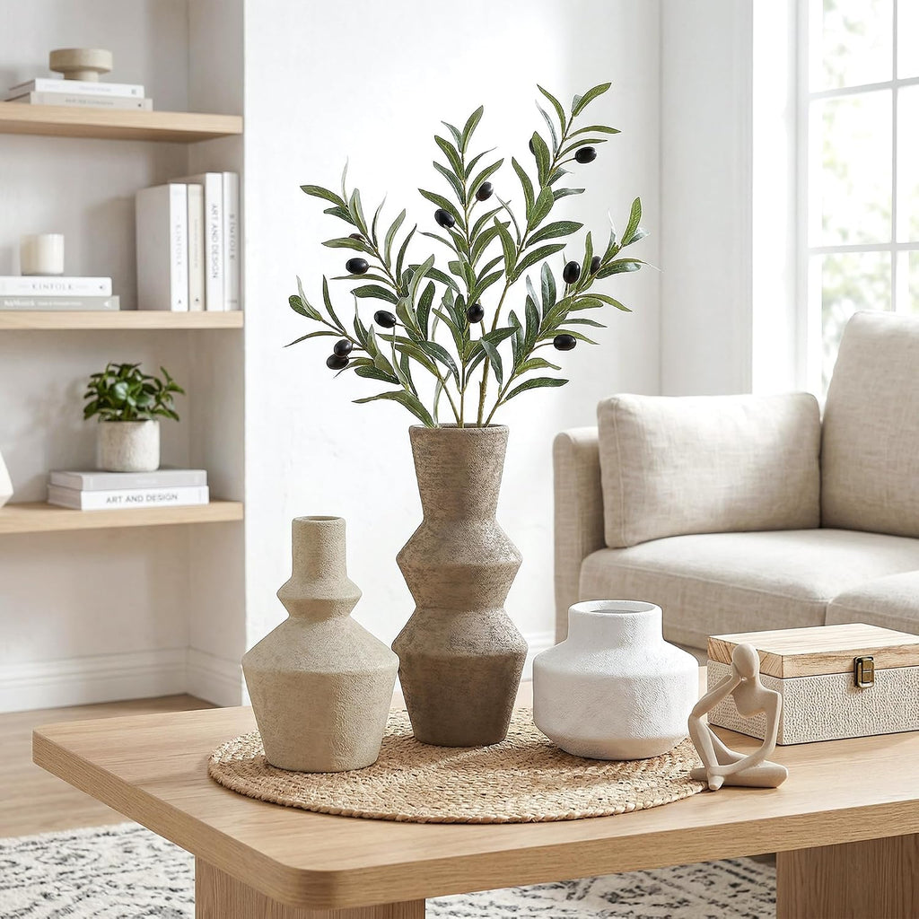 DREAMLOOM Ceramic Vase Set of 3, Modern Rustic Flower Vases for Pampas Grass, Dried & Fresh Flowers, Farmhouse Home Decor Vase for Living Room Bedroom Kitchen Shelf Centerpiece, Brown