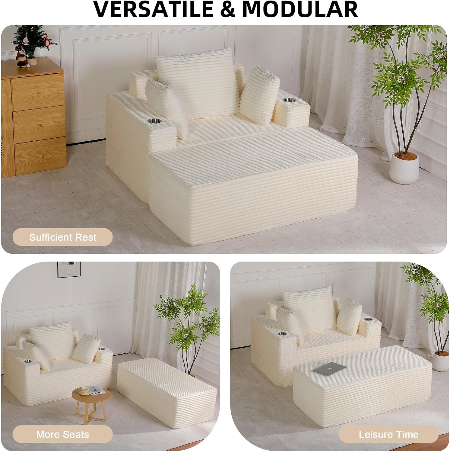 54"W Oversized Chaise Lounge Chair Indoor, Boneless Chaise Lounge Couch, Convertible Comfy Reading Chairs, Corduroy Sleeper Chair Couches for Living Room, Compression Sofa with Ottoman, Beige