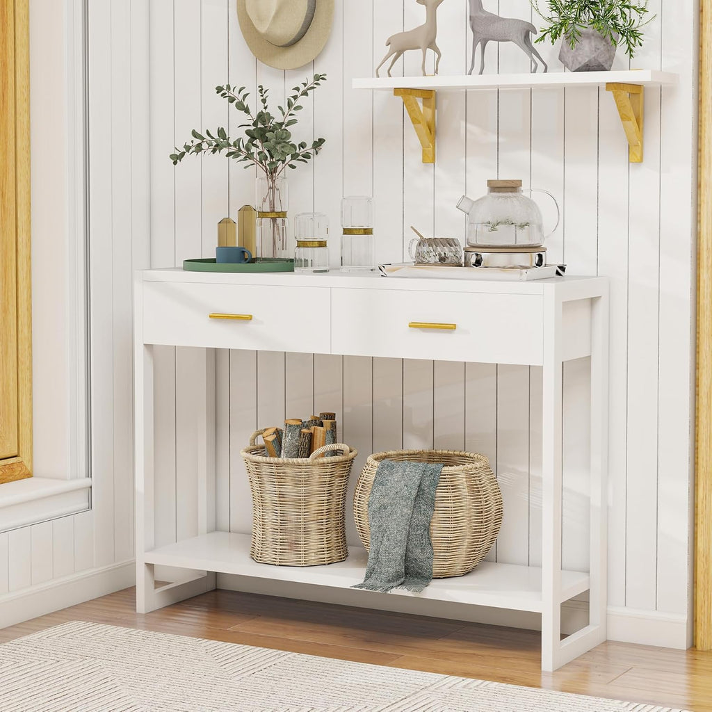 Entryway Table, Console Table with Motion Sensor Light, Sofa Table with 2 Drawers and Storage Shelf, Entryway Cabinet and Sideboard Cabinet for Hallway, Foyer, Living Room, White