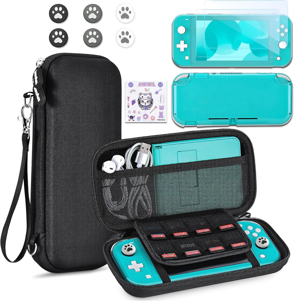 innoAura Switch Lite Case 12-in-1 Accessories Bundle for NS Switch Lite (2019), with Protective Carrying Case, Hand Strap, Screen Protector & Cute Thumb Grips, Black