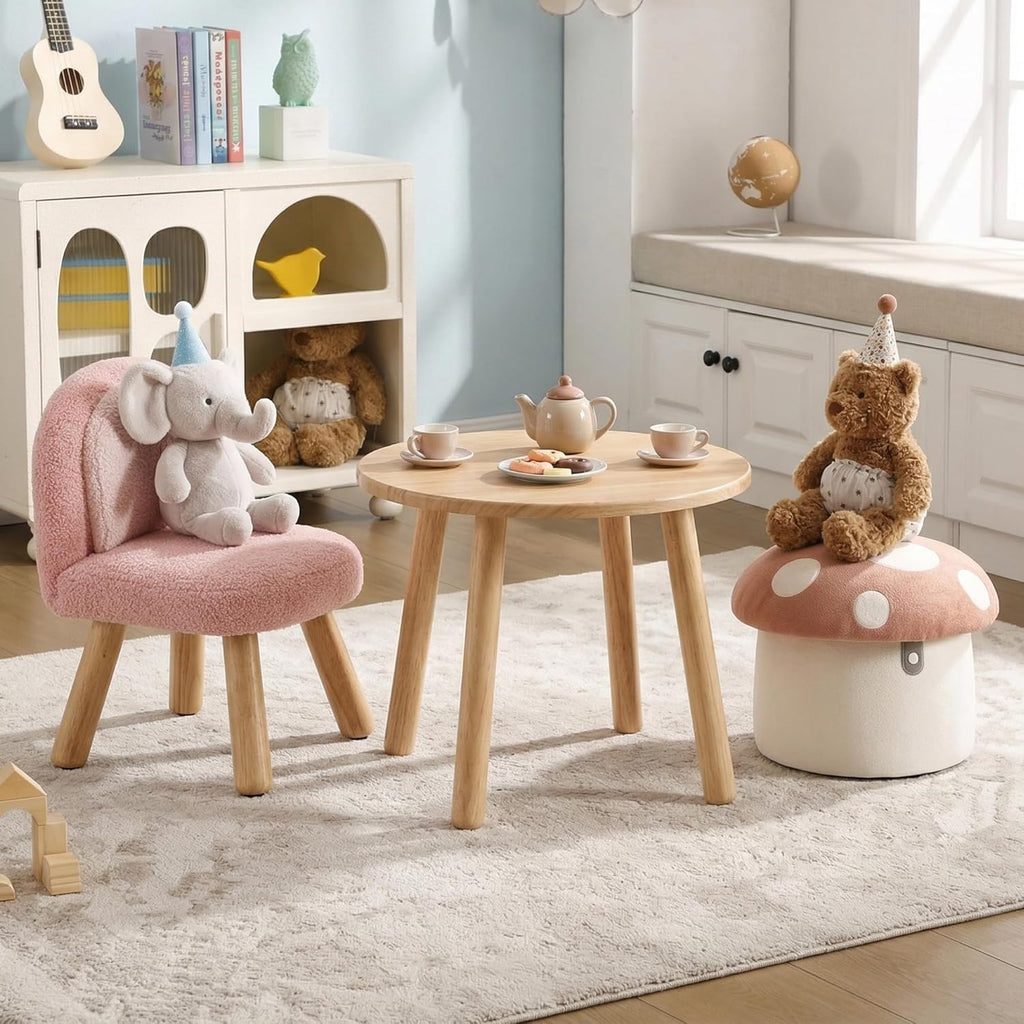 Mushroom Toddler Chair Comfy Chenille Kids Reading Chairs, Wooden Children Stool, No Assembly Kid Desk Chair, Cute Storage Ottoman for Kids Bedroom Furniture/Playroom/Boys Girls Gifts, Pink
