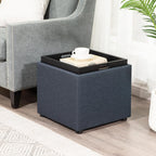 Adeco 17" H Navy Blue Storage Ottoman Cube with Tray Lid, Small Polyester Fabric Footstool with Storage, Square End Table for Living Room & Bedroom