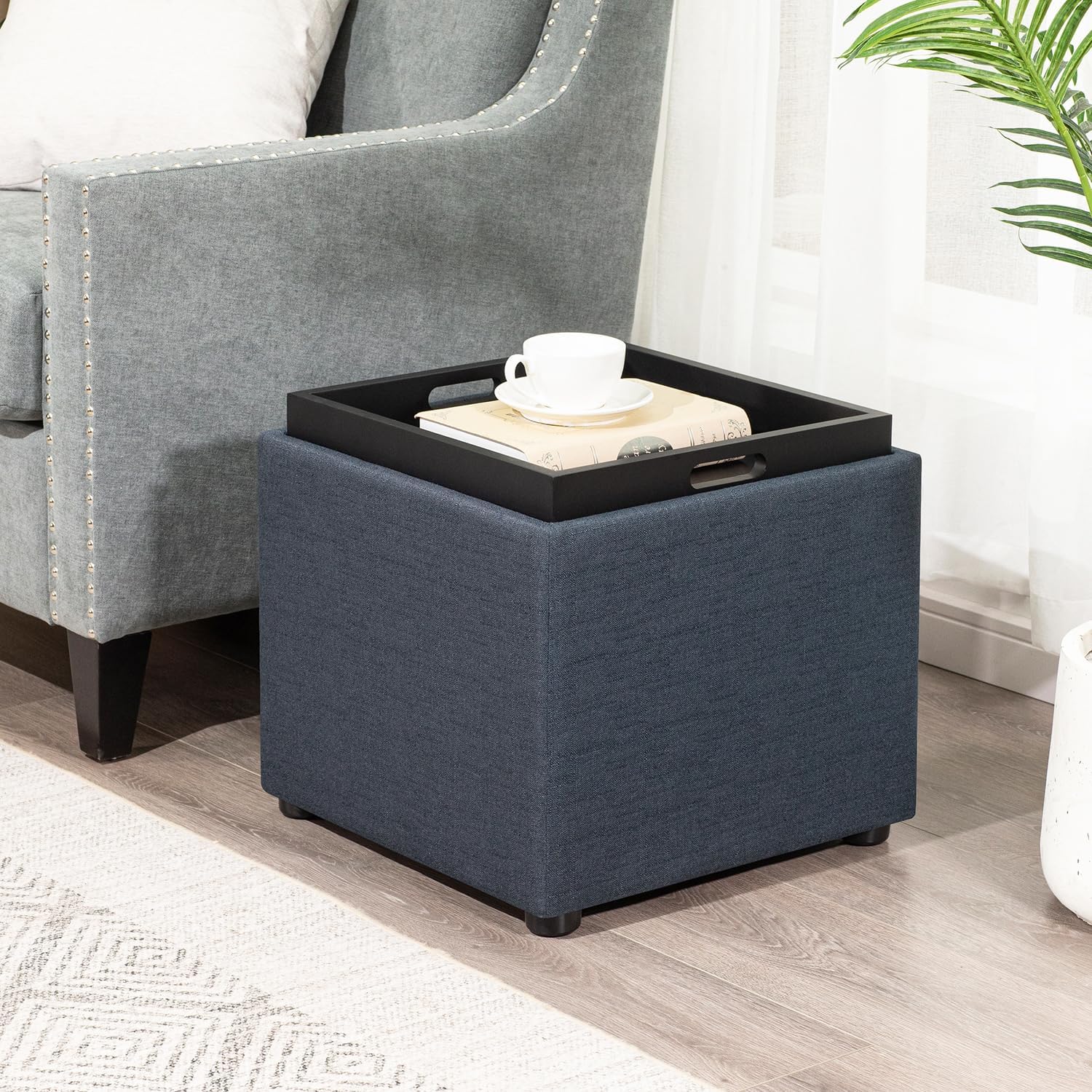 Adeco 17" H Navy Blue Storage Ottoman Cube with Tray Lid, Small Polyester Fabric Footstool with Storage, Square End Table for Living Room & Bedroom