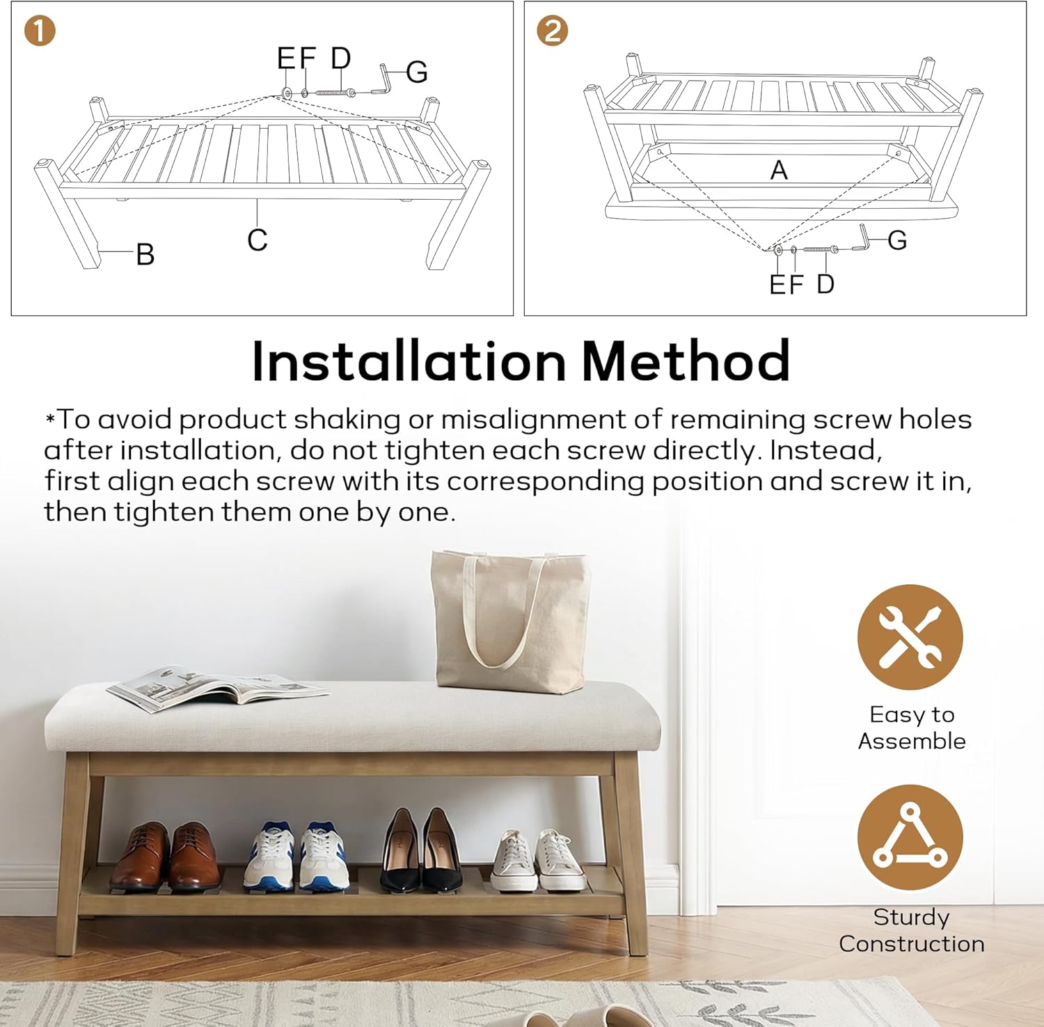 Entryway Bench with Cushion, Upholstered Shoe Rack Bench with Solid Wood Shelf, 44" End of Bed Bench for Bedroom, Chenille Fabric Storage Bench for Entryway, Hallway, Living Room (Beige)