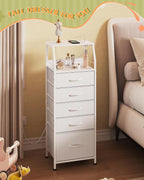 WLIVE LED Nightstand with Charging Station, White Dresser with 5 Fabric Drawers for Bedroom, Tall Night Stand with Open Shelves, Bed Side Tables Living Room