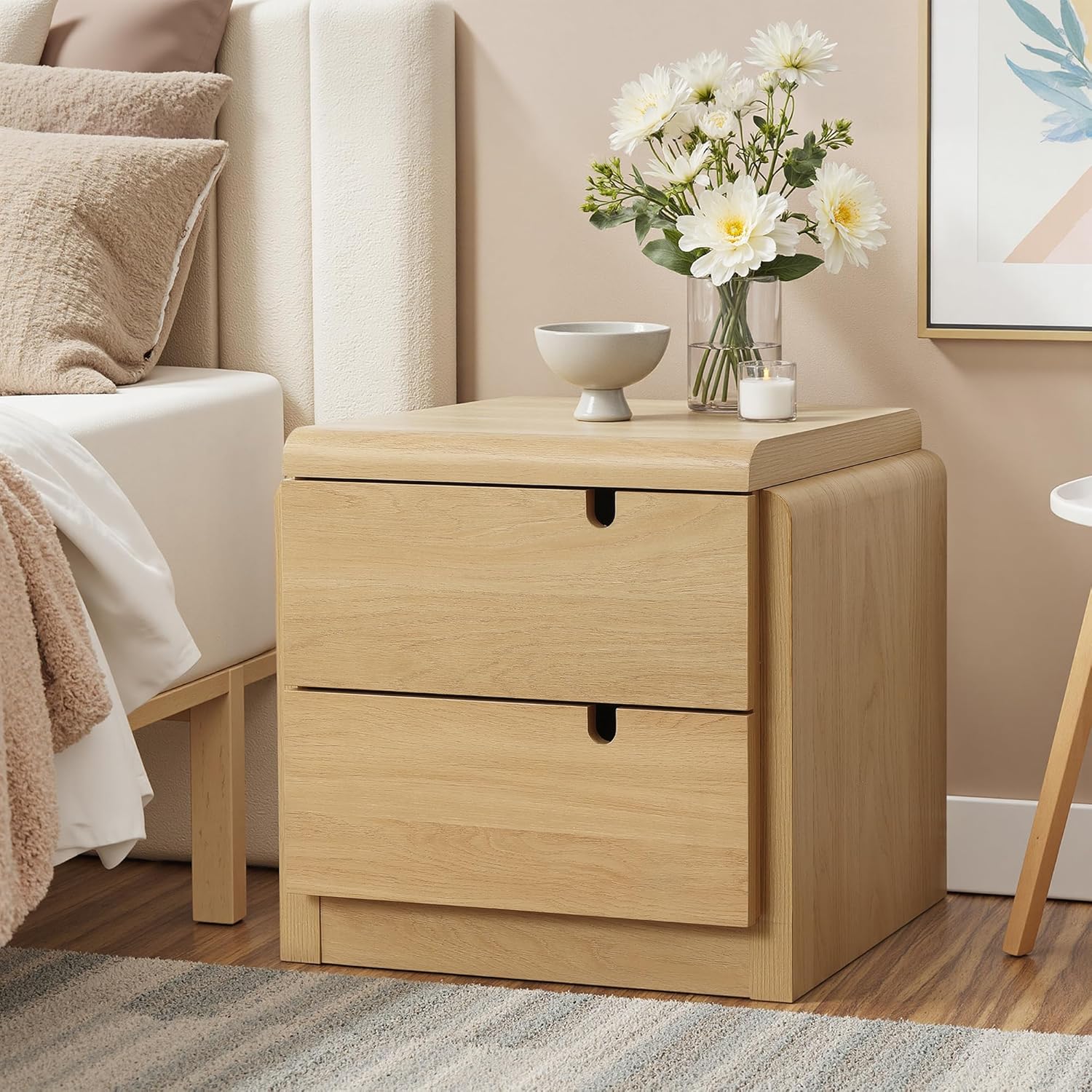 LuxenHome 21" H Modern Nightstand with 2 Drawers, Mid Century Modern Oak Night Stand with Curved Edge, Bedside Table with Storage, Wooden Accent End Table, Small Night Stand for Bedroom, Living Room