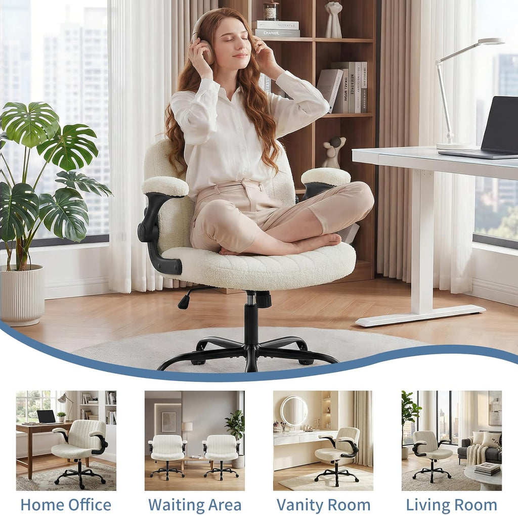 DUMOS Criss Cross Home Office Chair with Wheels, Wide Cross Legged Desk Vanity Chair Comfy Fabric Flip-Up Armrests Adjustable Swivel Chairs for Home Computer Bedroom, Creamy White