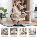 DUMOS Criss Cross Home Office Chair with Wheels, Wide Cross Legged Desk Vanity Chair Comfy Fabric Flip-Up Armrests Adjustable Swivel Chairs for Home Computer Bedroom, Creamy White