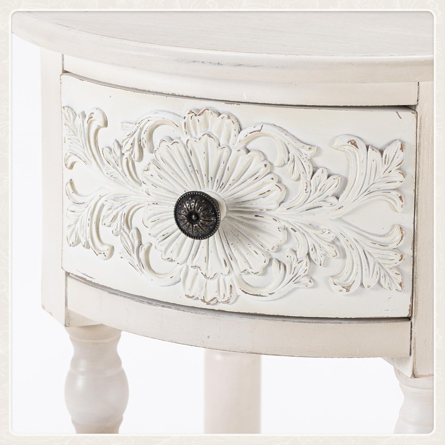 COSIEST White Nightstand with Drawer and Shelf, 25.4" Tall French Vintage Bedside Table, Small End Table with Hand-Carved Floral Resin Face, Wood Accent Side Table for Bedroom & Living Room