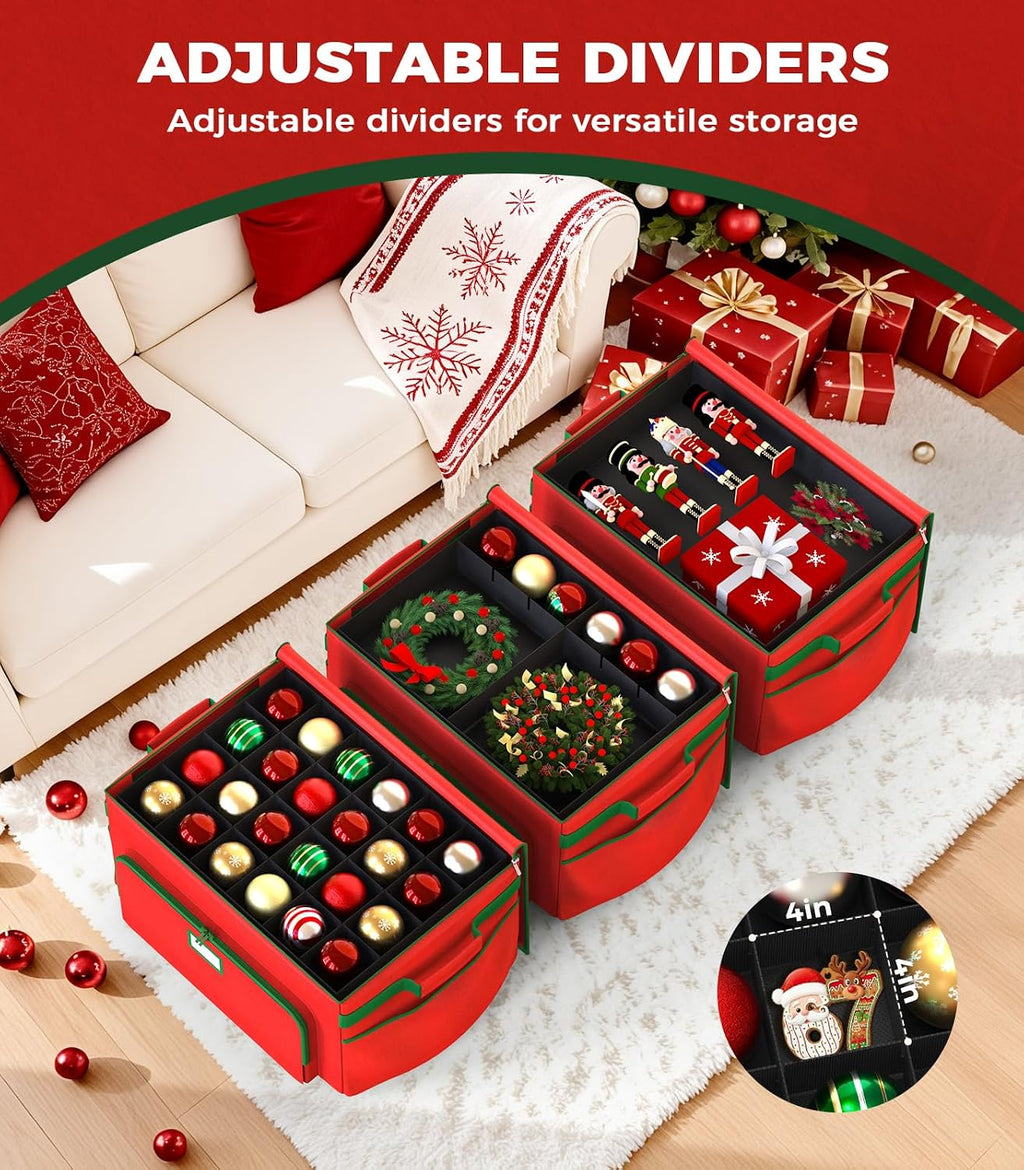 Ornament Storage Box, Large Christmas Ornament Storage Box, Stores 72 4'' Ornaments , Ornaments Storage Containers with 3 Trays, Durable and Portable, 600D Tear-Proof Material, Extra Pockets Red