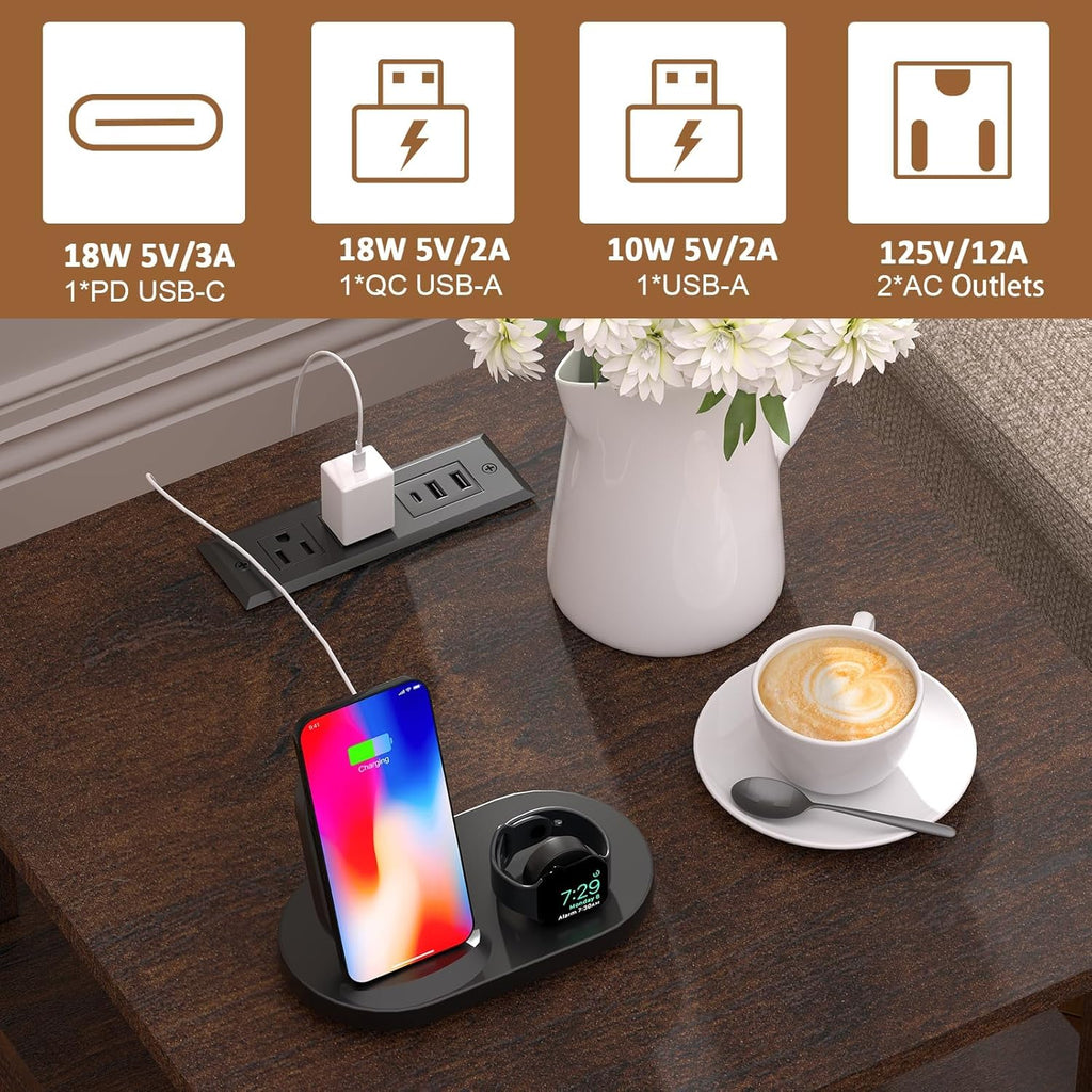 24" End Table Set of 2 with Charging Station, Rattan Drawer Sofa Side Table, Anti-Collision Corner Wooden Nightstand for Living Room Bedroom Office