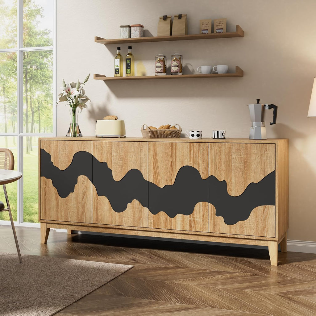 Natural Buffet Cabinet Sideboard with Storage 63'' Distinctive Coffee Bar with Flowing Water Patterns Kitchen Buffet with 4 Doors for Bedroom, Living Room (Natural and Black)