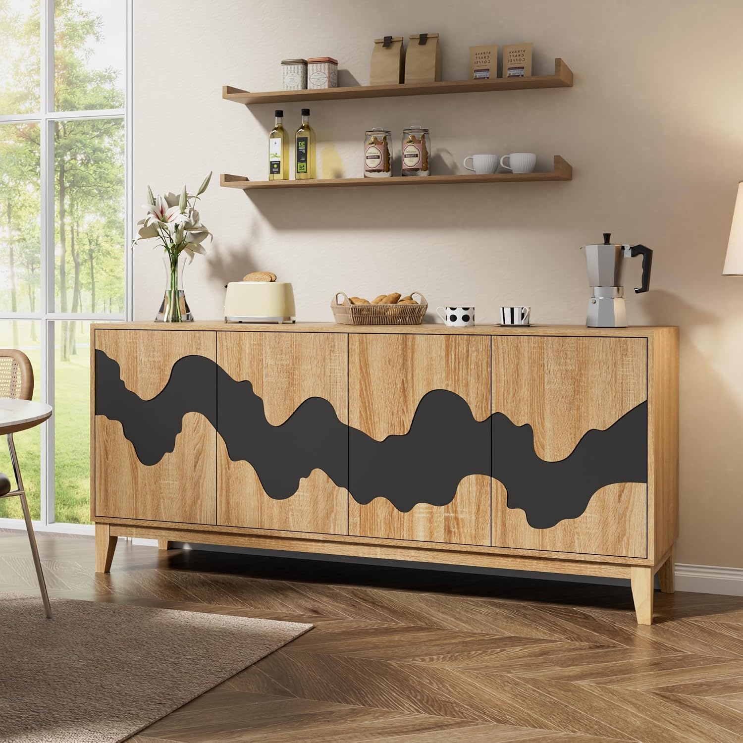 Natural Buffet Cabinet Sideboard with Storage 63'' Distinctive Coffee Bar with Flowing Water Patterns Kitchen Buffet with 4 Doors for Bedroom, Living Room (Natural and Black)