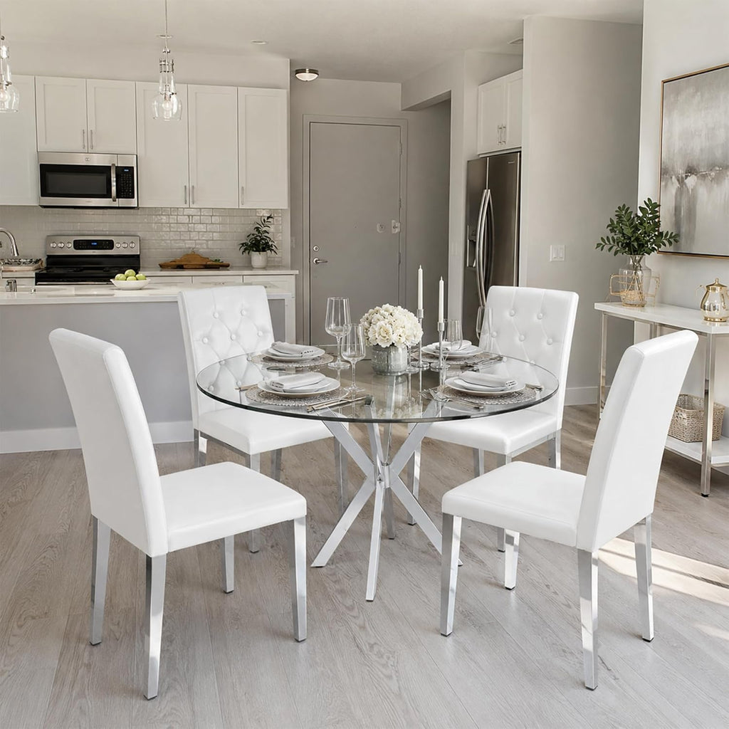 White Dining Chairs Set of 4,Faux Leather with Silver Metal Legs,Tufted Buttom Decor on Back,Armless Kitchen Room Chairs Set of 4,High Back Modern Design for Home Kitchen Living Room Bedroom