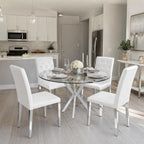 White Dining Chairs Set of 4,Faux Leather with Silver Metal Legs,Tufted Buttom Decor on Back,Armless Kitchen Room Chairs Set of 4,High Back Modern Design for Home Kitchen Living Room Bedroom