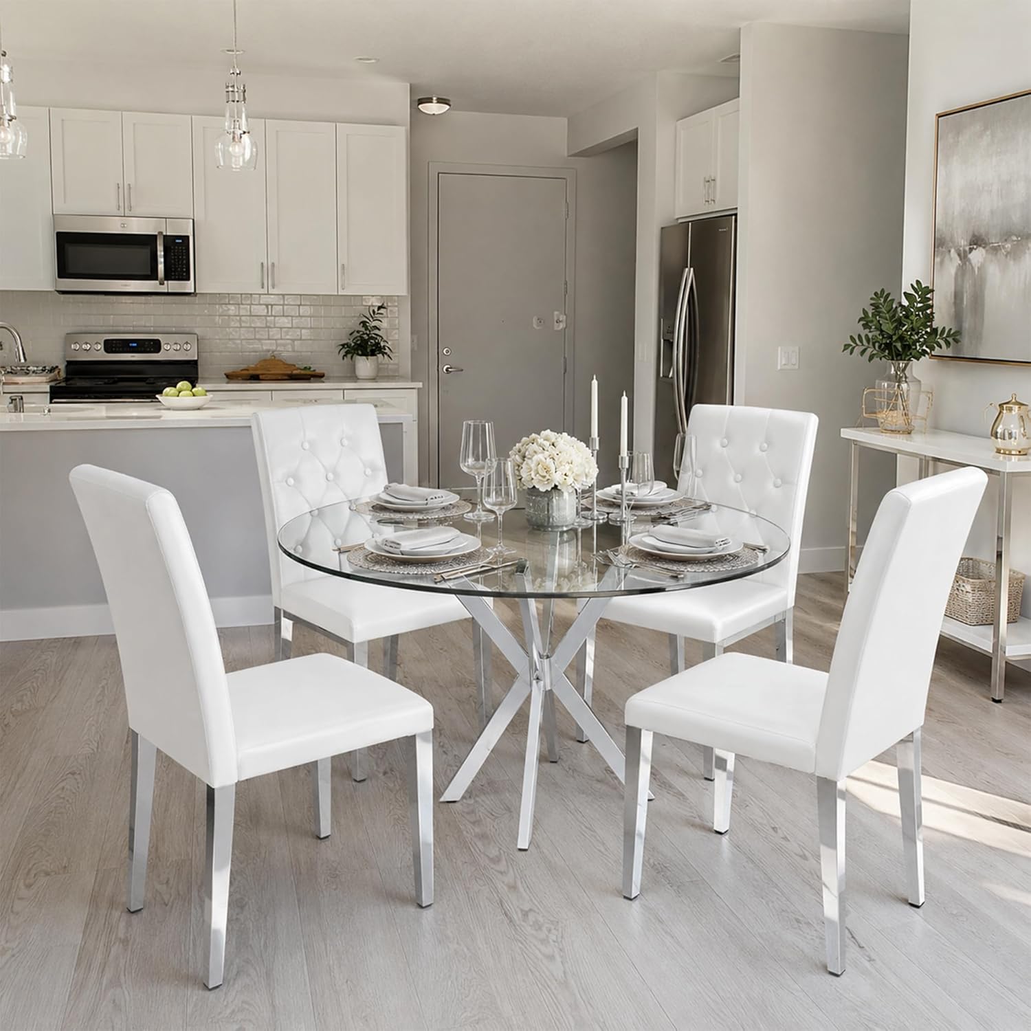 White Dining Chairs Set of 4,Faux Leather with Silver Metal Legs,Tufted Buttom Decor on Back,Armless Kitchen Room Chairs Set of 4,High Back Modern Design for Home Kitchen Living Room Bedroom