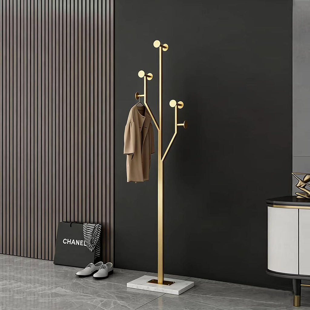 SYO Gold Metal Coat Rack (with Marble Base) — Entryway Standing Coat Stand, Heavy-Duty Vertical Design, Suitable for Entryways, Bedrooms, and Living Rooms