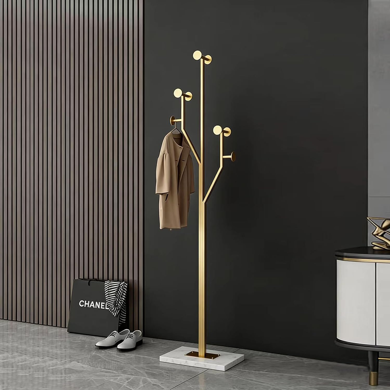 SYO Gold Metal Coat Rack (with Marble Base) — Entryway Standing Coat Stand, Heavy-Duty Vertical Design, Suitable for Entryways, Bedrooms, and Living Rooms