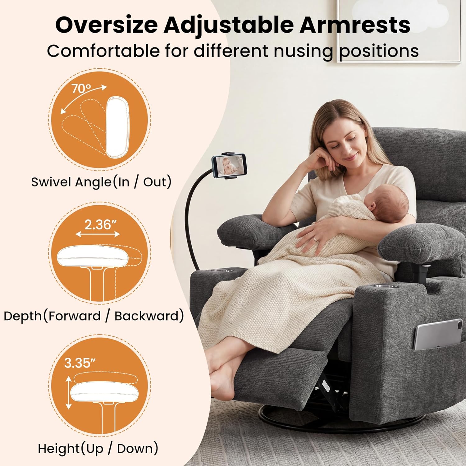 FiveWillowise Power Rocking Chair Nursery with Adjustable Armrests&Headrest, Glider Recliner Chair, Swivel Reading Chair with Electric Lumbar Support, Cup Holder, Nightlight and USB Ports, Grey