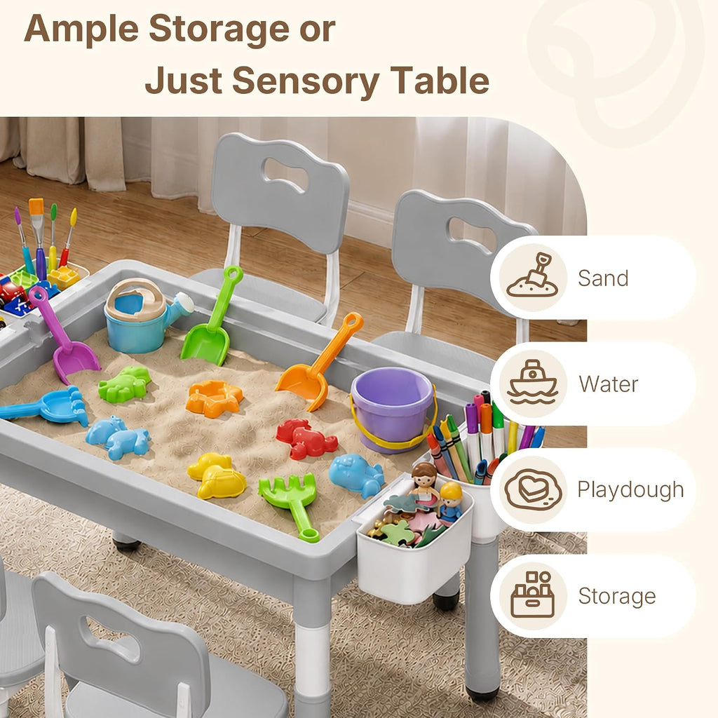 Kids Table and 4 Chairs, 4 in 1 Activity Table w/Reversible Graffiti/Block Building Tabletop, Adjustable Height, Toddler Table and Chair Set with Storage (Gray, 1 Table + 4 Chairs)