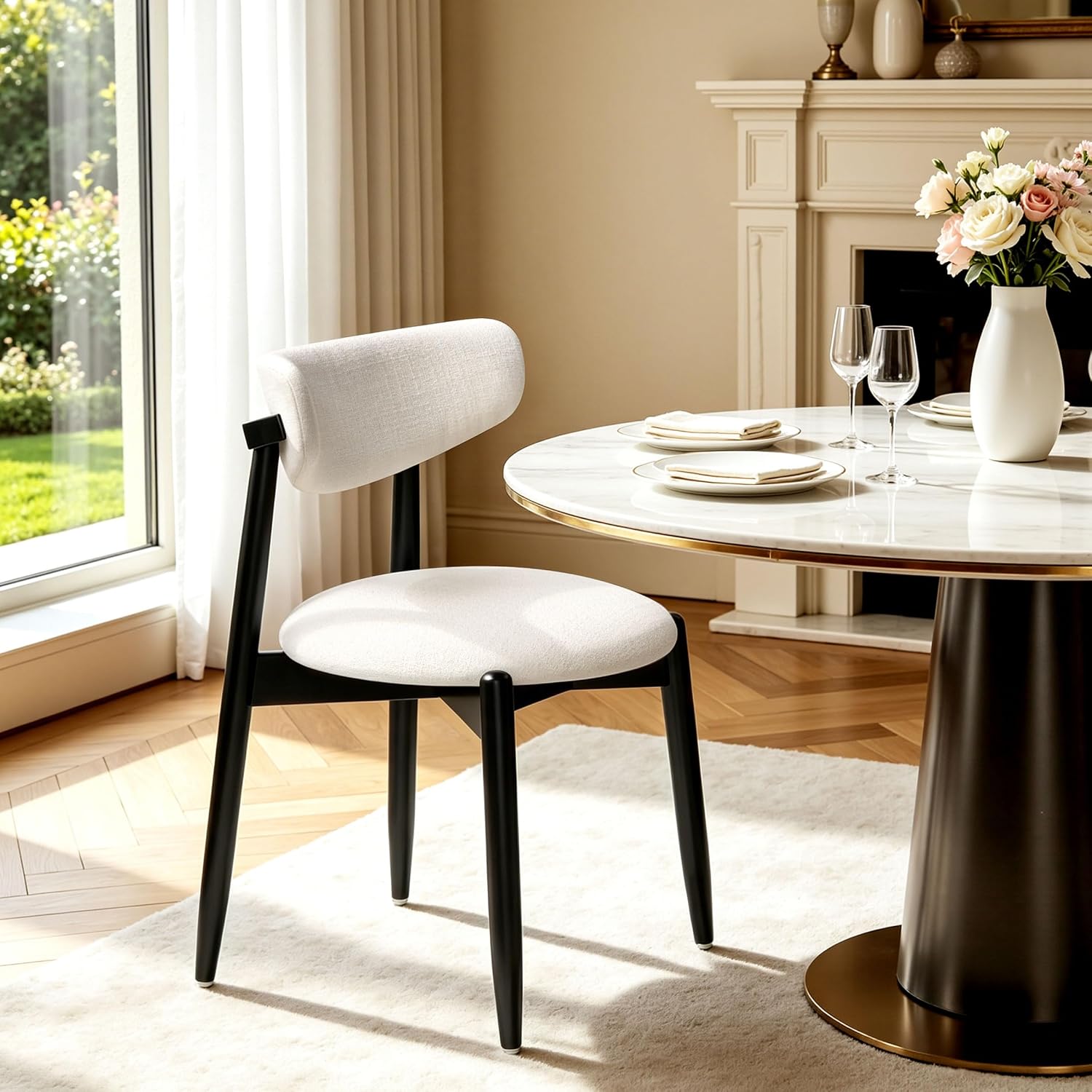 SUBRTEX Dining Chairs Set of 4,Upholstered Dining Room Chairs with Curved Backrest & Solid Wood Legs, Mid Century Modern Farmhouse Kitchen Chairs, Cream & Black Legs