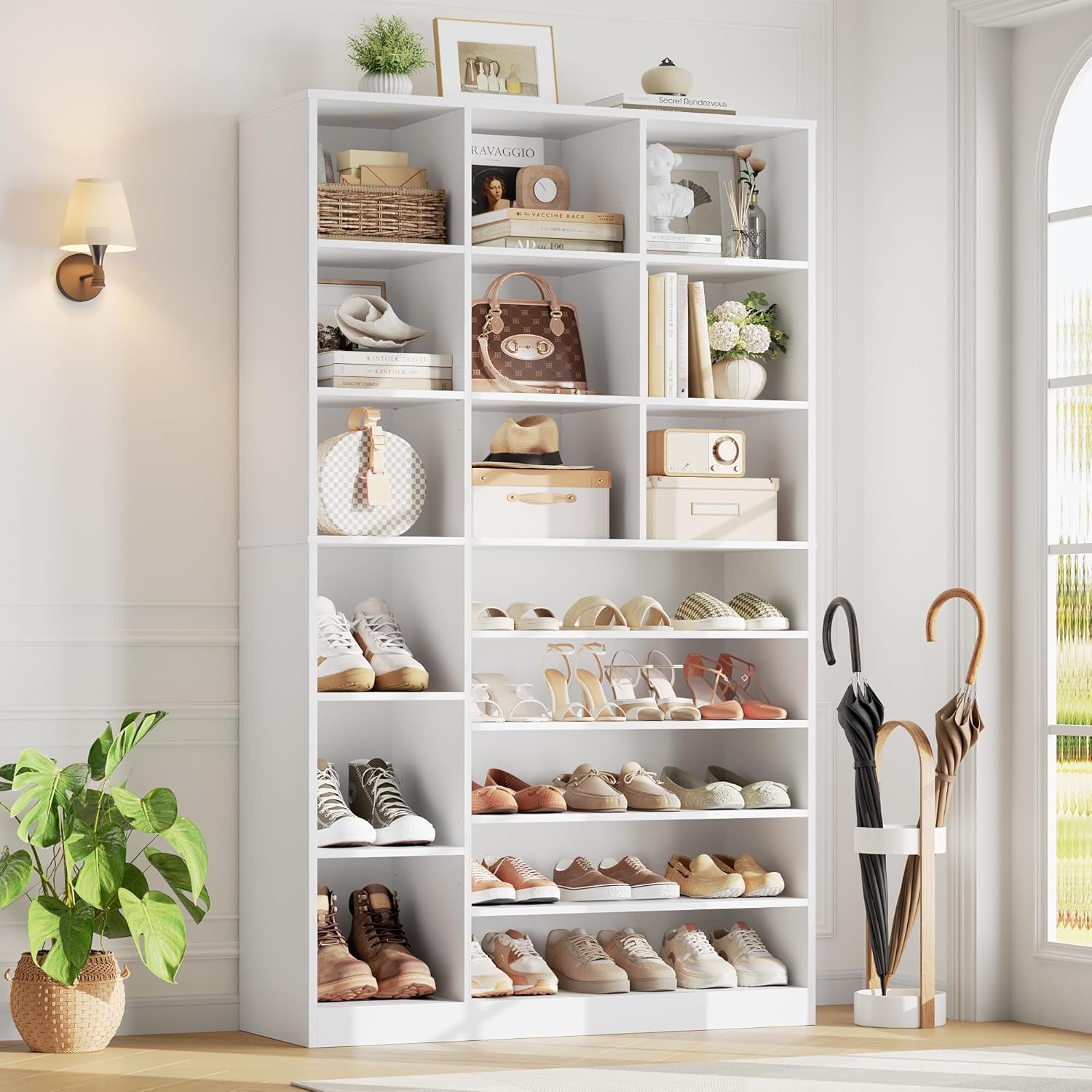 Keyluv 74" Tall Shoe Cabinet with Adjustable Shelves, 6-Tier Shoe Storage Organizer with 12 Cubes for up to 27 Pairs, Free-Standing Shoe Rack for Closet, Hallway, Entryway & Living Room, White