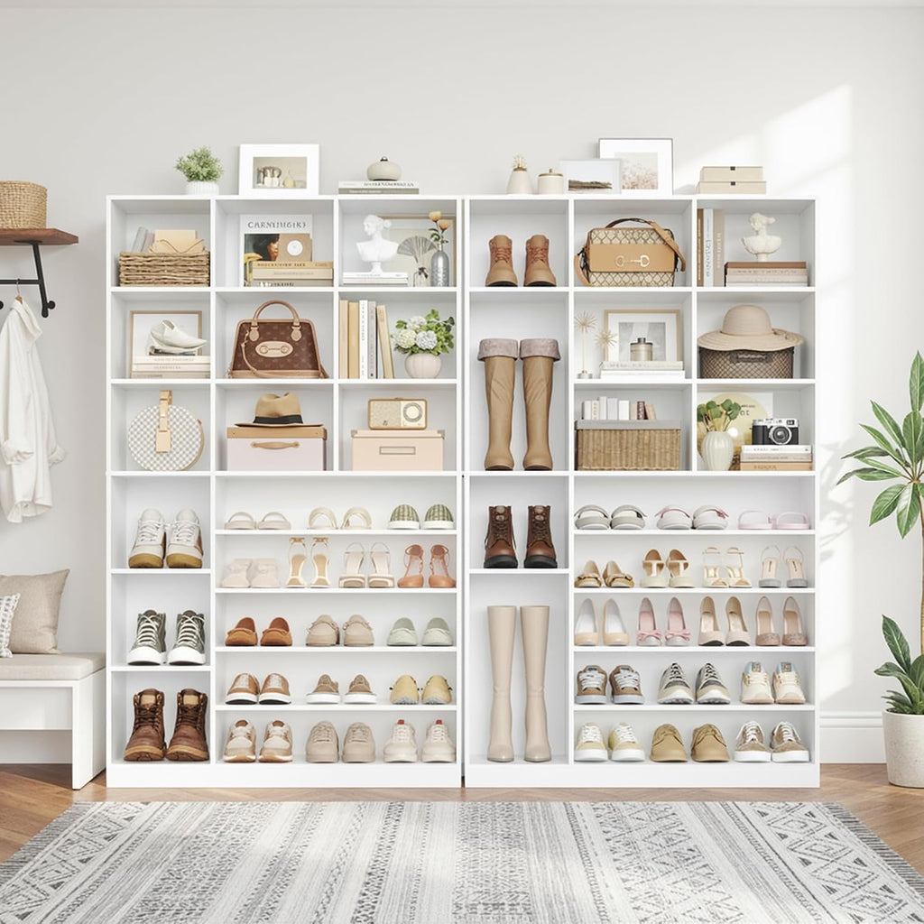 Keyluv 74" Tall Shoe Cabinet with Adjustable Shelves, 6-Tier Shoe Storage Organizer with 12 Cubes for up to 27 Pairs, Free-Standing Shoe Rack for Closet, Hallway, Entryway & Living Room, White