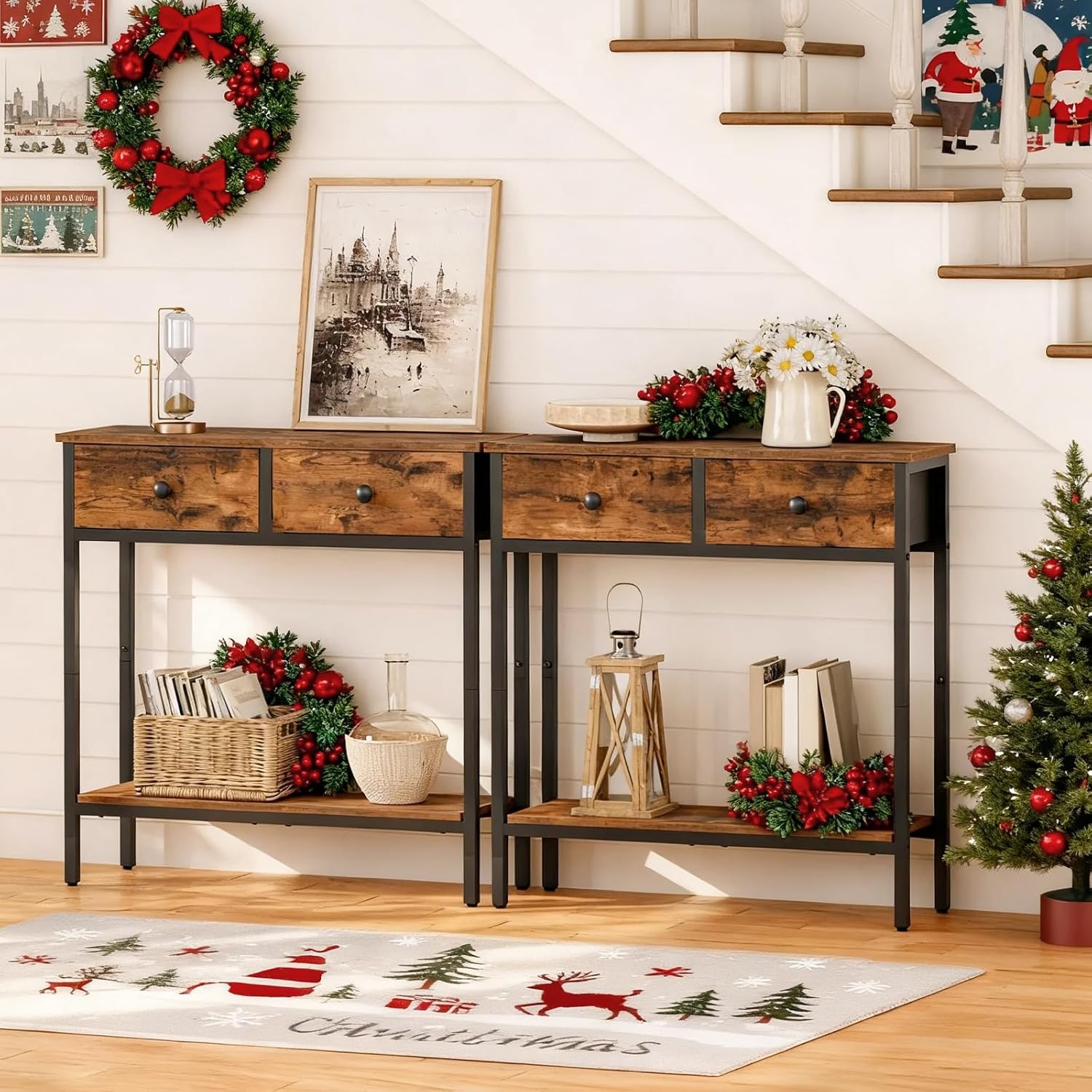 HOOBRO 29.5" Narrow Console Table with 2 Fabric Drawers, Small Entryway Table with 2-Tier Storage Shelves, Sofa Table, Behind Couch Table, for Living Room, Hallway, Rustic Brown and Black BF71XG01