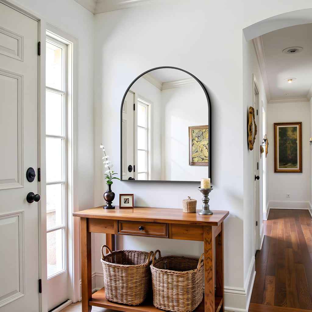 CIRCUMI Arched Wall Mirror 24"x30", Black Metal Frame with Tempered Glass, Large Size Mirror for Bathroom, Over Sink, Living Room, Entryway, Shatterproof & Crystal Clear Black Arched Mirror