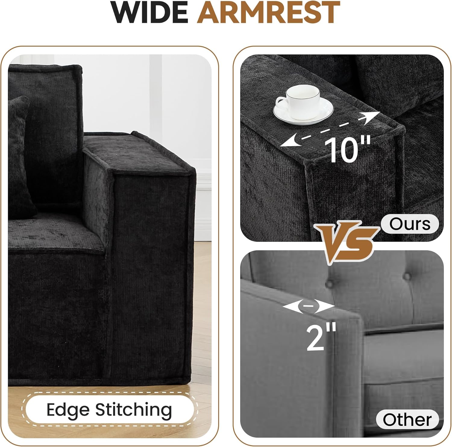 167'' Boneless Chenille U Shaped Couch, Oversized Modular Sectional 8 Seater Sofa, Modern Deep Seat Corner Cloud Compressed Couch, No Assembly Sleeper Sofa with Chaise for Living Room, Black