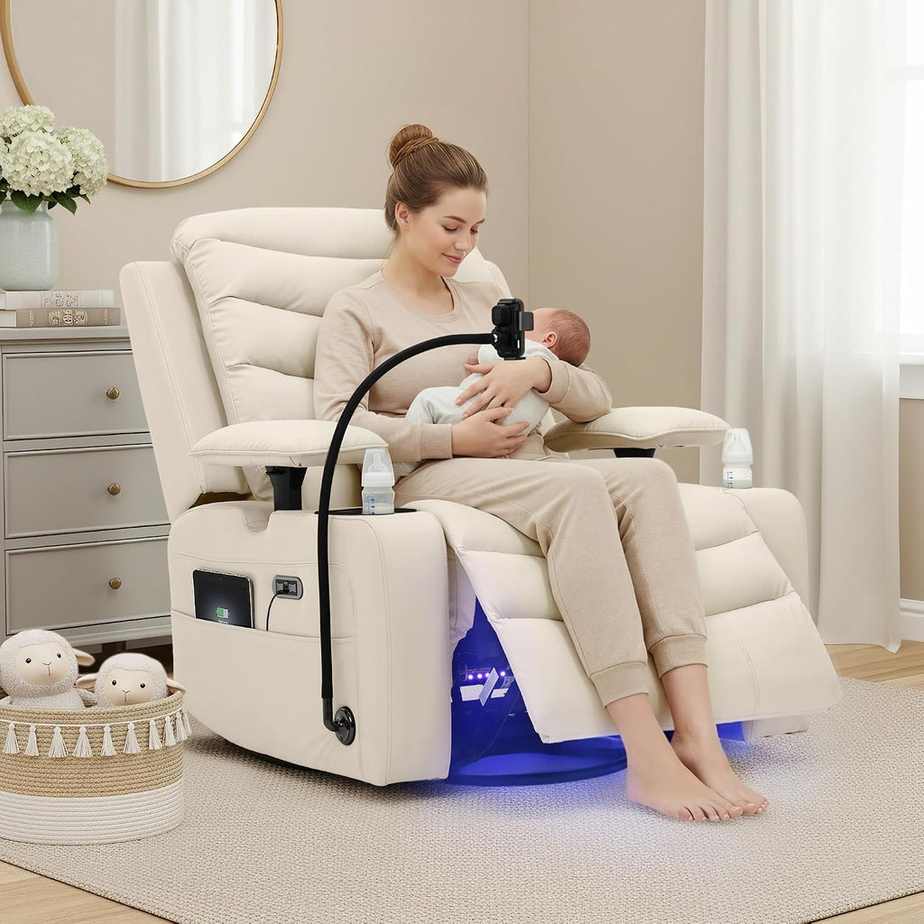 Olela Power Glider Recliner Nursery Chair, Leather Swivel Rocking Chair with Electric Lumbar Support, USB Charging, Smart Cup Holder, Light, Adjustable Armrest, Wireless Phone Charger Holder