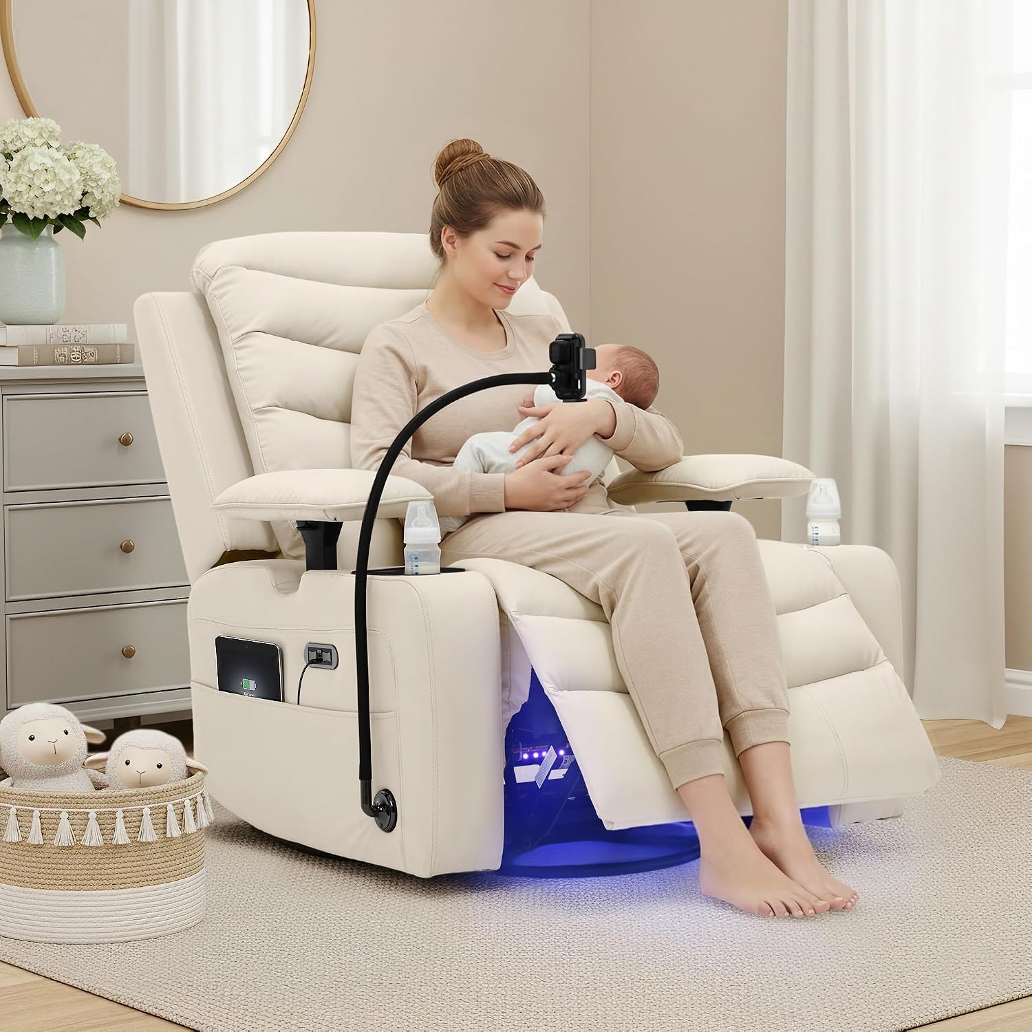 Olela Power Glider Recliner Nursery Chair, Leather Swivel Rocking Chair with Electric Lumbar Support, USB Charging, Smart Cup Holder, Light, Adjustable Armrest, Wireless Phone Charger Holder