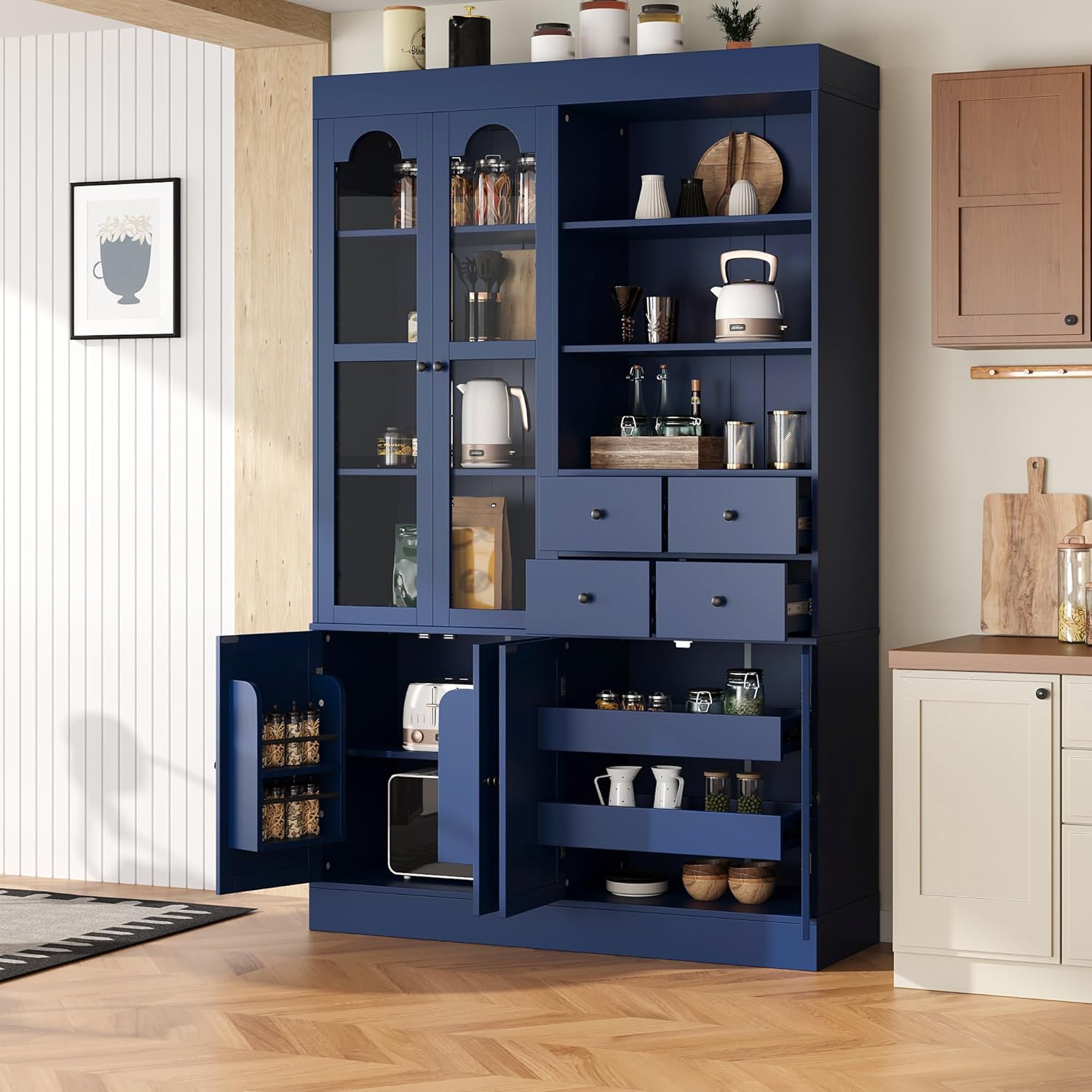 Merax 75" Tall Kitchen Pantry Storage Cabinet with Glass Door, Kitchen Hutch Cabinet with Open Shelves, Drawers, Pull-Out Trays and Door Shelves, Farmhouse Food Pantry for Living Room, Blue