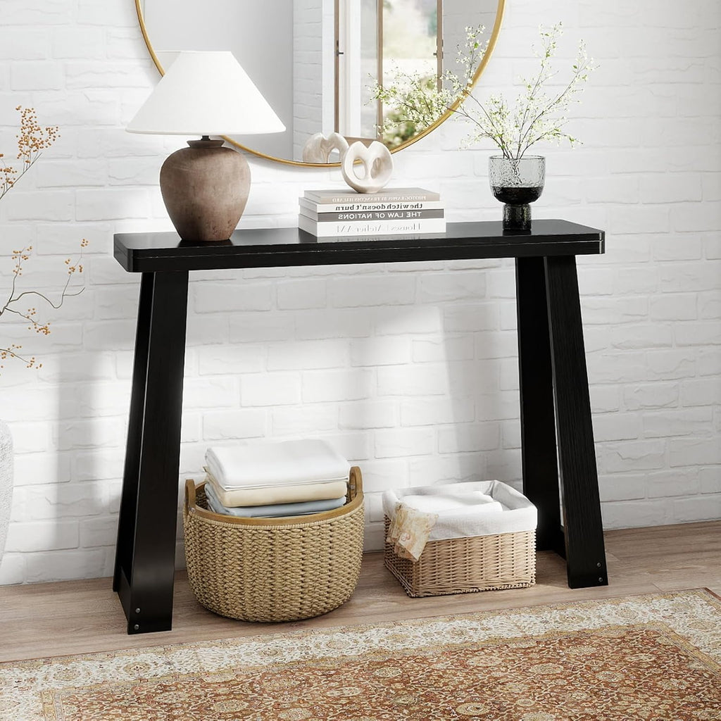 Giantex Narrow Long Console Table, 43" Modern Entryway Table Behind the Couch, Rubberwood Accent Sofa Tables for Living Room, Foyer, Hallway, Bedroom, Entrance (Black)