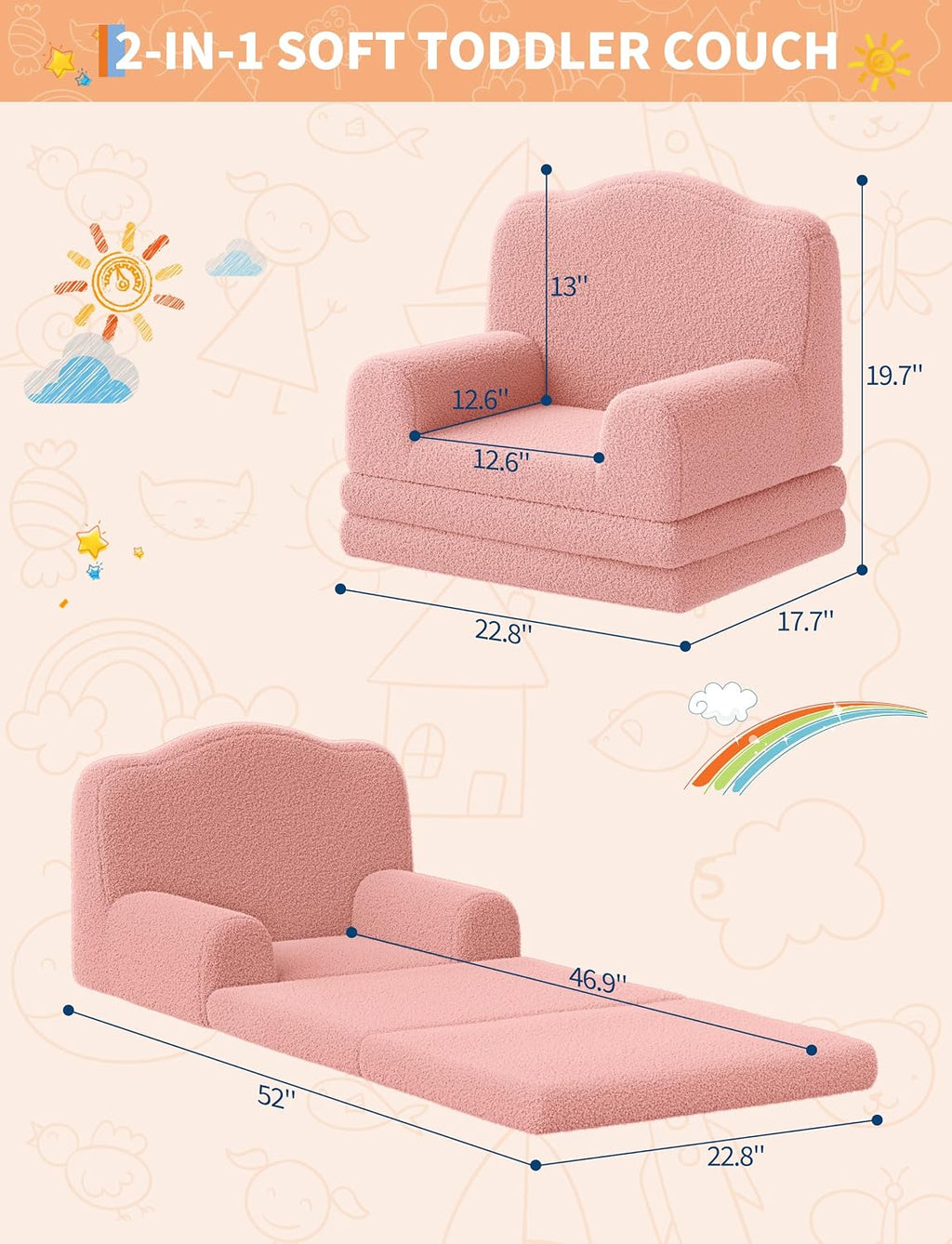 IDEALHOUSE Kids Sofa Chair, Sherpa Convertible Toddler Couch with Washable Cover, Crown Design Comfy Children's Reading Chair, Fold Out Sofa Bed for Playroom, Nursery, Girls & Boys