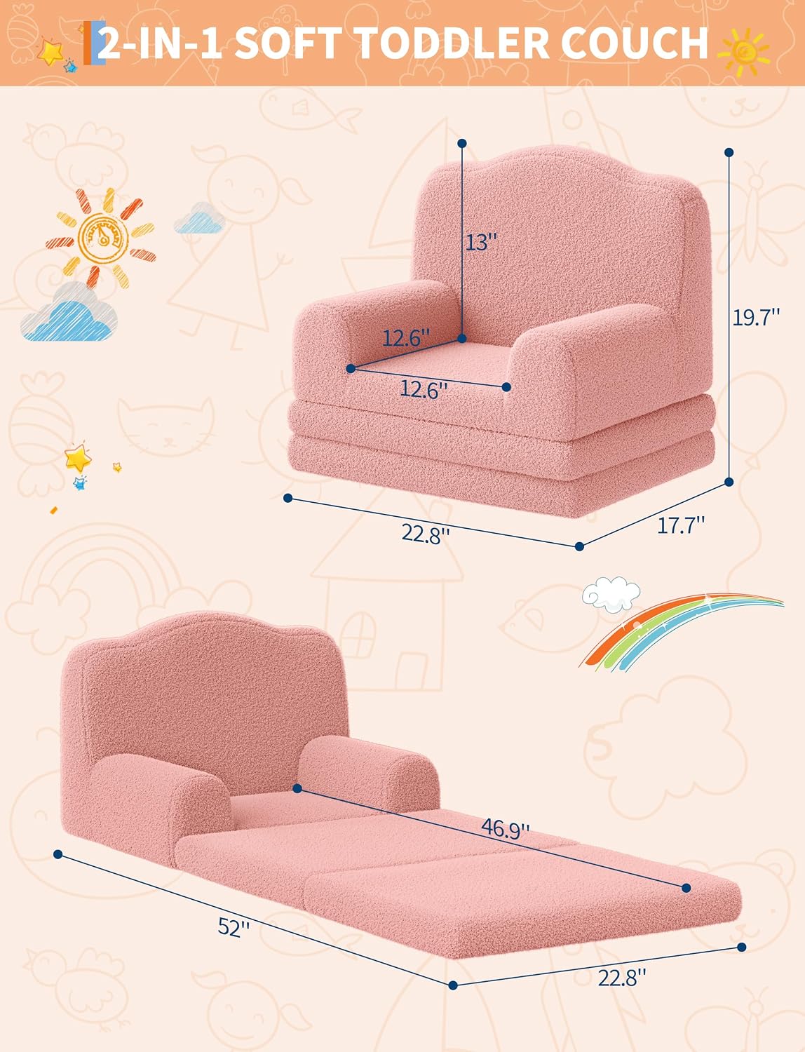 IDEALHOUSE Kids Sofa Chair, Sherpa Convertible Toddler Couch with Washable Cover, Crown Design Comfy Children's Reading Chair, Fold Out Sofa Bed for Playroom, Nursery, Girls & Boys