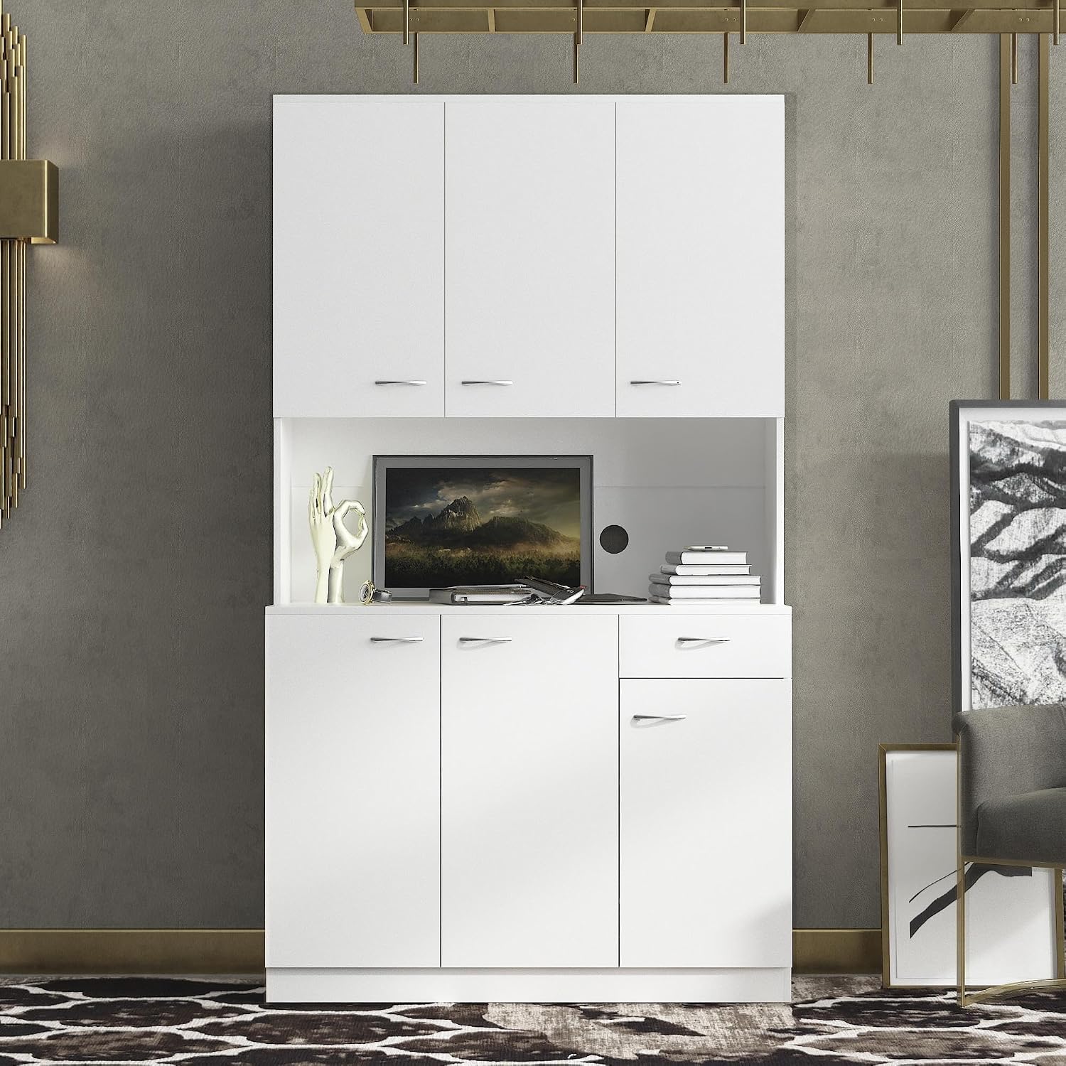 70.87" Tall Kitchen Pantry Storage Cabinet, Freestanding Wood Hutch with 6 Doors, 1 Drawer, with Countertop,Microwave Stand & Food Cupboard, Coffee Bar Organizer for Dining Room,White