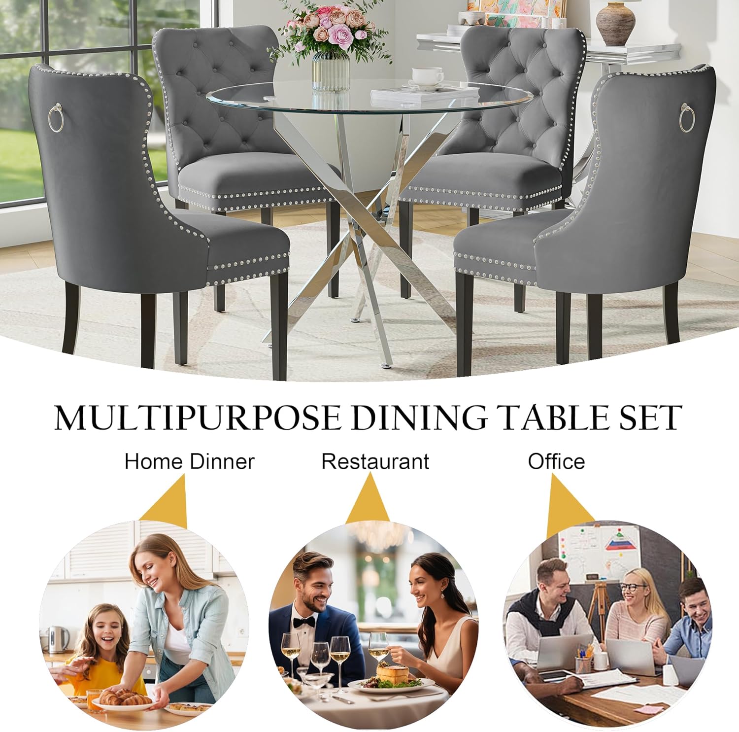 Round Glass Dining Table Set for 4, Modern 36 Inch Glass Kitchen Table with Silver Stainless Steel Legs and 4 Grey Velvet Chairs, for Dining Room, Apartment, Small Space