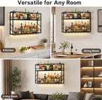 2-Tier Wall Mounted Wine Rack with LED, 31.5”W x 7.8”D x 26”H | Metal Bar Liquor Shelves and Glass Holder,Wall Bar Shelf Wine Display Storage Holder for Home Bar, Dining Room, Kitchen
