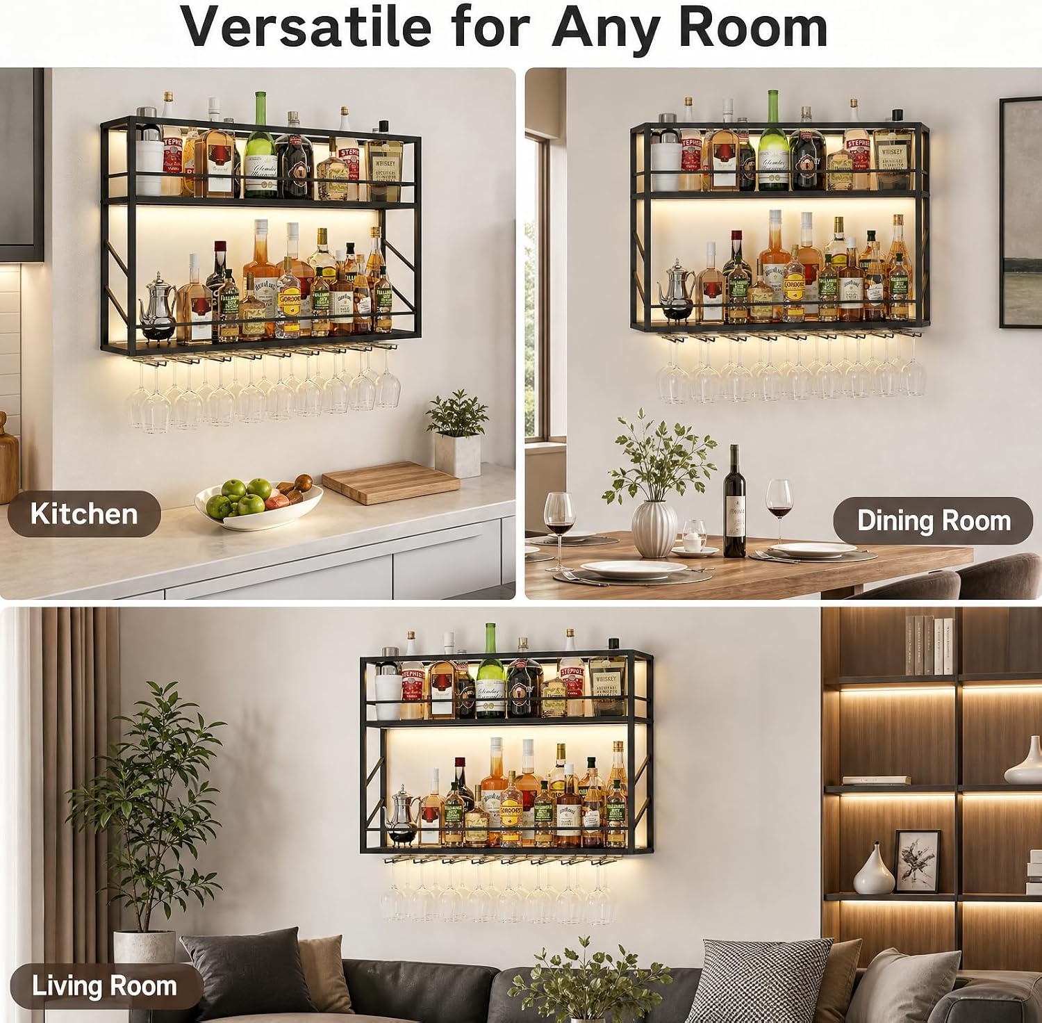 2-Tier Wall Mounted Wine Rack with LED, 31.5”W x 7.8”D x 26”H | Metal Bar Liquor Shelves and Glass Holder,Wall Bar Shelf Wine Display Storage Holder for Home Bar, Dining Room, Kitchen