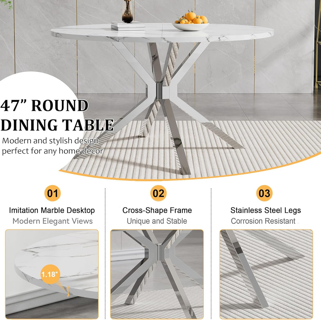 47.2" Round Dining Table Set for 4, White Faux Marble Kitchen Table & 4 Black Velvet Chairs with Silver Stainless Steel Legs, Luxury 5 Piece Round Dining Room Table Set for Kitchen Dining
