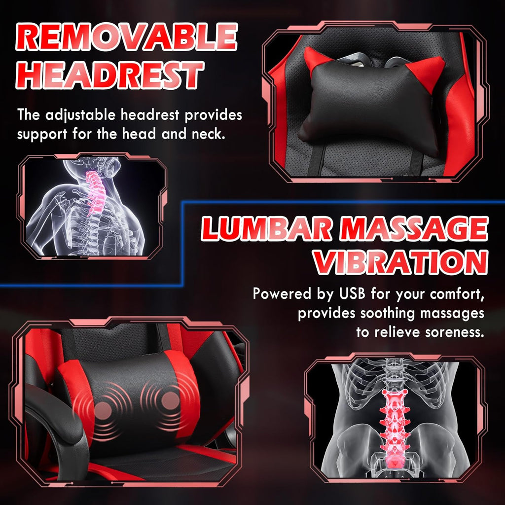 ECOTOUGE Gaming Chair, Ergonomic Computer Gamer Chair with Massage Lumbar Support & Rocking High Back, 360° Swivel Video Game Chair for Gaming or Office, Height Adjustable (Red)