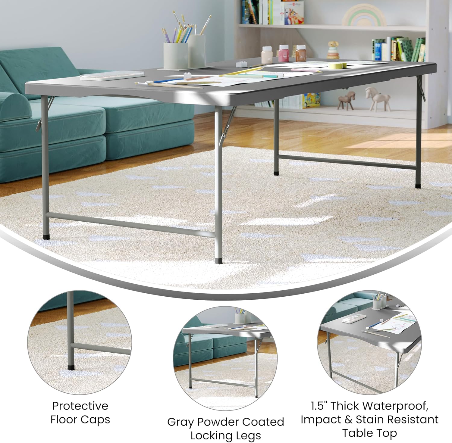 Flash Furniture Paige 4.93' Classroom Activity Table for School and Home, Heavy-Duty Rectangular Plastic Activity Table for Kids, Granite Gray