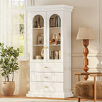 Vyre 71" Arched Kitchen Cabinet with Glass Doors, Tall Display and Storage Cabinet with Drawers for Dining Room or Living Room, Modern Pantry Cabinet with Gold Handles, White