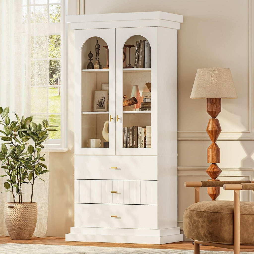 71" Arched Kitchen Cabinet, Double Glass Door Display and Storage Cabinets with Drawers, Modern Pantry for Dining Room and Living Room, White with Gold Handles, 2 of Set