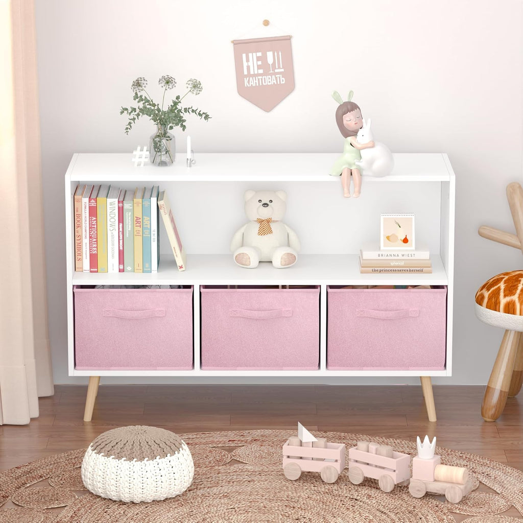 PVWIIK Kids 2-Tier Bookcase with Collapsible Fabric Drawers,Toy Storage Cabinet Organizer,Book Display Storage Cabinet Organizer,Cute for Playroom Livingroom,White/Pink