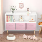 PVWIIK Kids 2-Tier Bookcase with Collapsible Fabric Drawers,Toy Storage Cabinet Organizer,Book Display Storage Cabinet Organizer,Cute for Playroom Livingroom,White/Pink